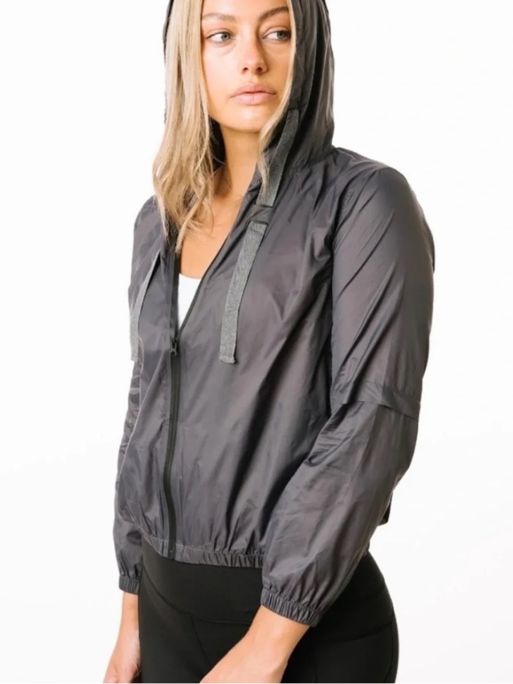 ZYIA Active Grey Hoodie Drawstring Light Windbreaker